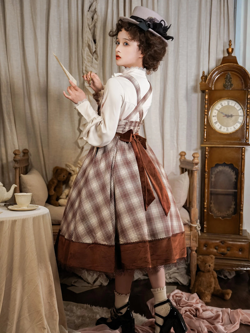 Gray brown checkered lady jumper skirt, short cape and high neck ribbon blouse