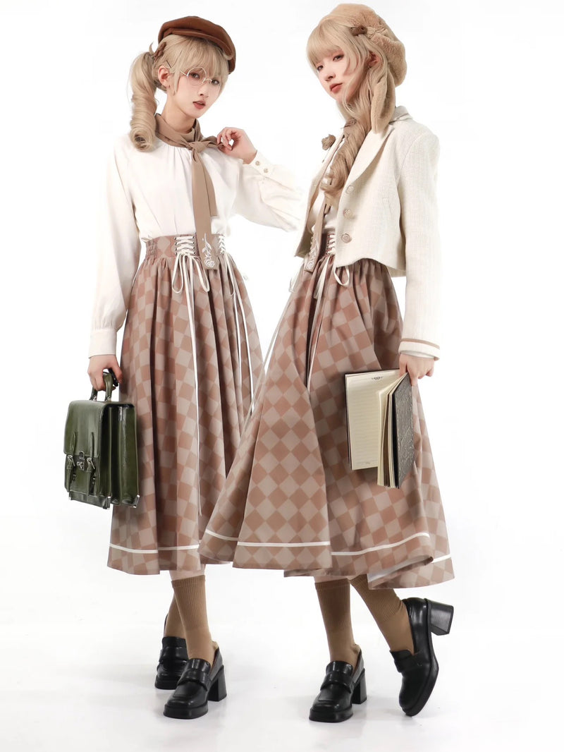 White brown geometric pattern high waist skirt and short jacket and blouse