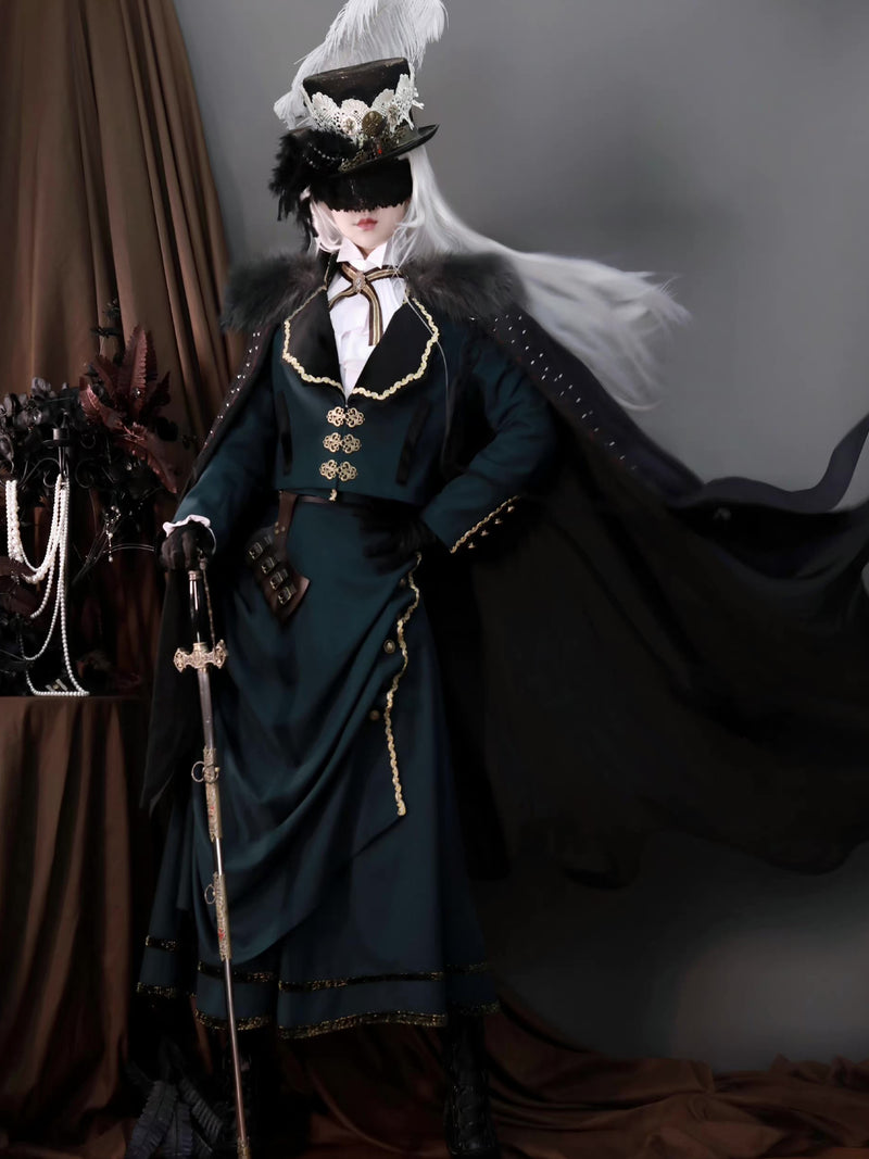 Classical jacket, vest, long skirt, and blouse embroidered with a dark green lady [Scheduled to be shipped from late May to late June 2023]