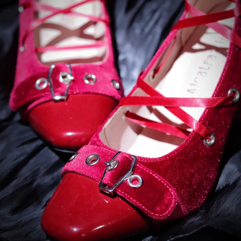 Crimson Lady's Velvet Square Toe Heel Pumps [Planned to be shipped in early April 2023]