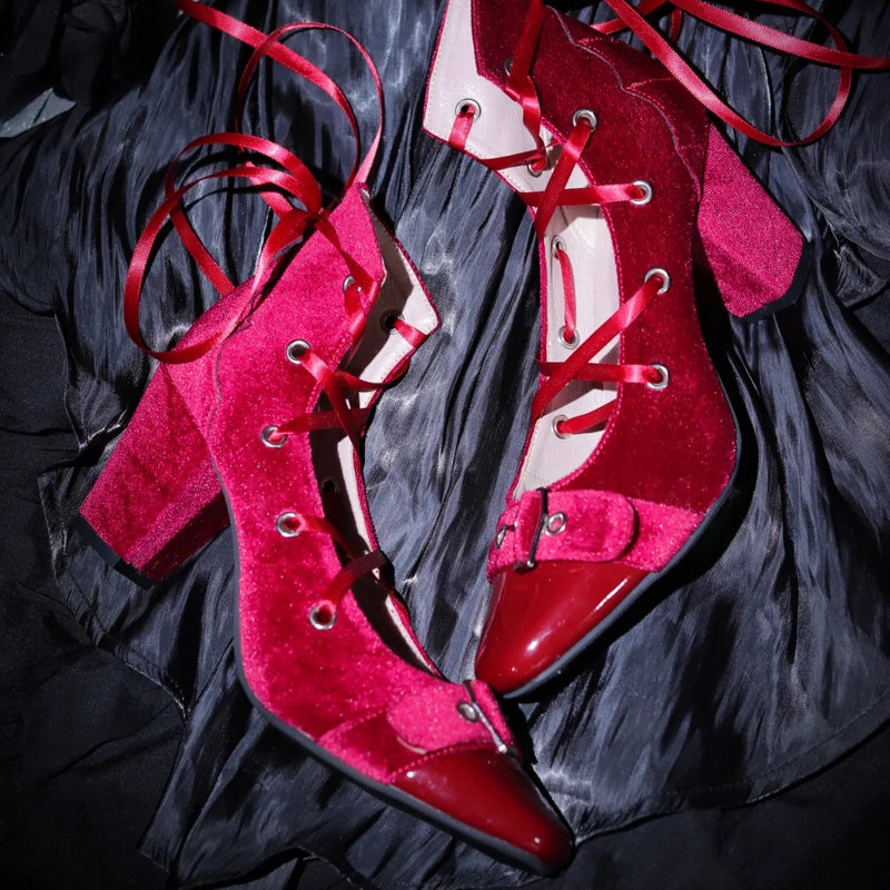 Crimson Lady's Velvet Square Toe Heel Pumps [Planned to be shipped in early April 2023]