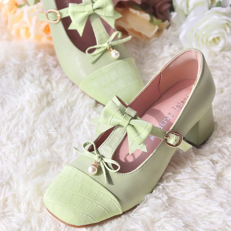 Light green lady's ribbon square toe heel pumps [Planned to be shipped in early June 2023]
