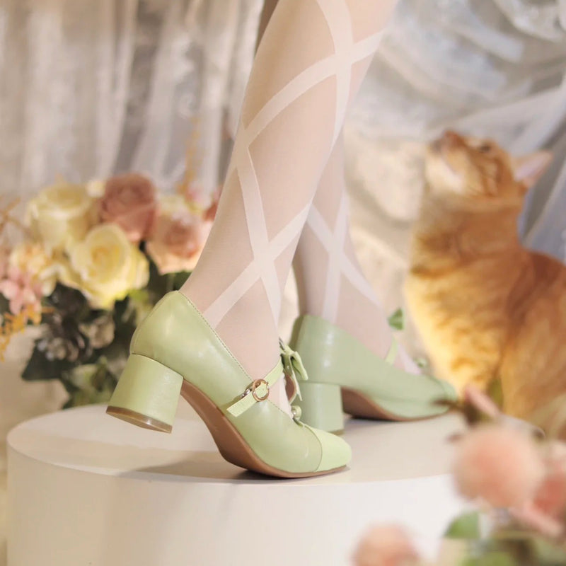 Light green lady's ribbon square toe heel pumps [Planned to be shipped in early June 2023]