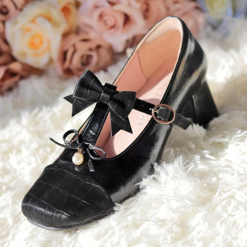 Jet black lady's ribbon square toe heel pumps [Scheduled to be shipped in early June 2023]
