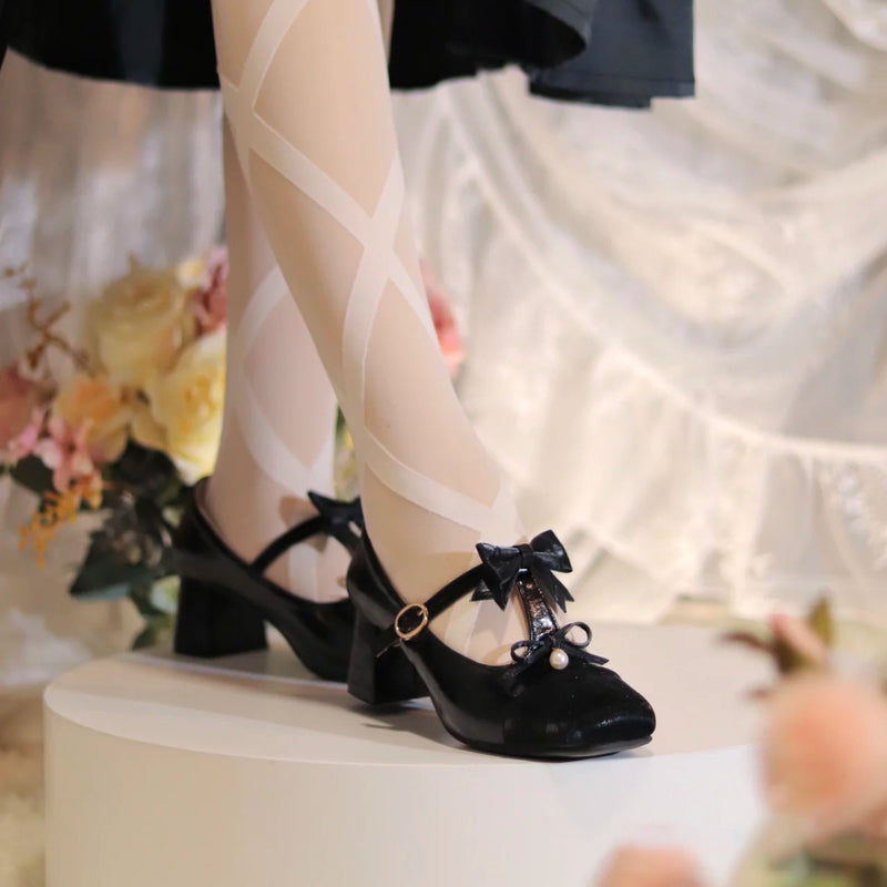 Jet black lady's ribbon square toe heel pumps [Scheduled to be shipped in early June 2023]