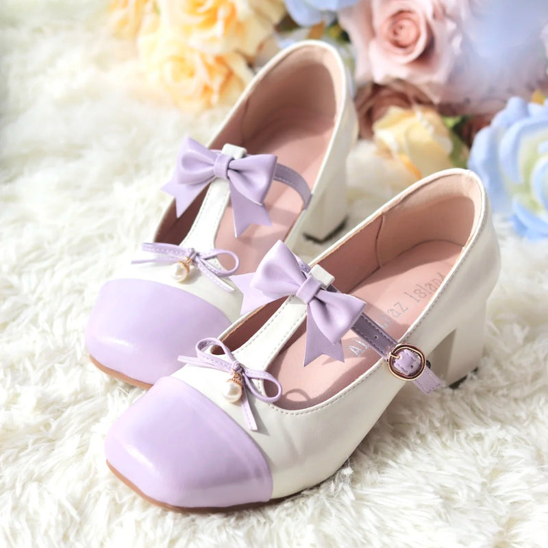 Purple Princess Ribbon Square Toe Heel Pumps [Planned to be shipped in early June 2023]