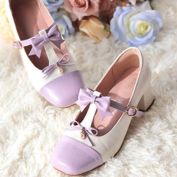 Purple Princess Ribbon Square Toe Heel Pumps [Planned to be shipped in early June 2023]