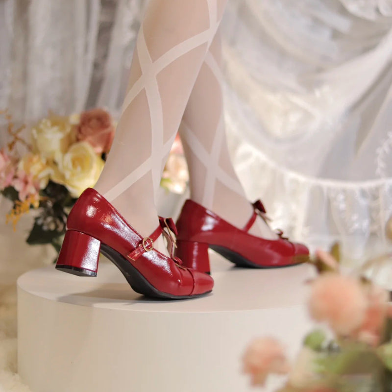 Crimson Lady's Ribbon Square Toe Heel Pumps [Planned to be shipped in early June 2023]