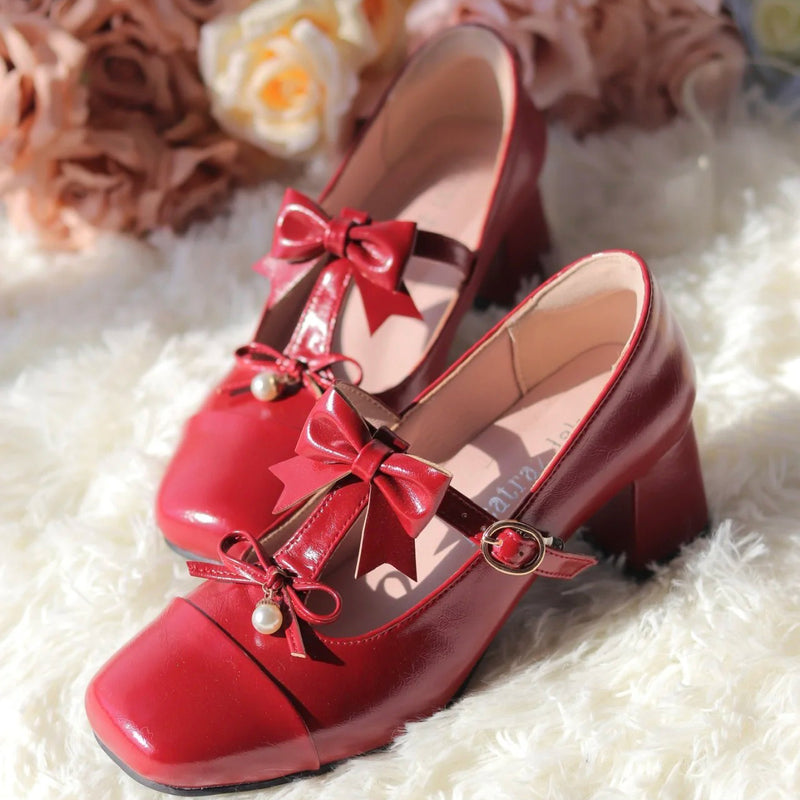 Crimson Lady's Ribbon Square Toe Heel Pumps [Planned to be shipped in early June 2023]