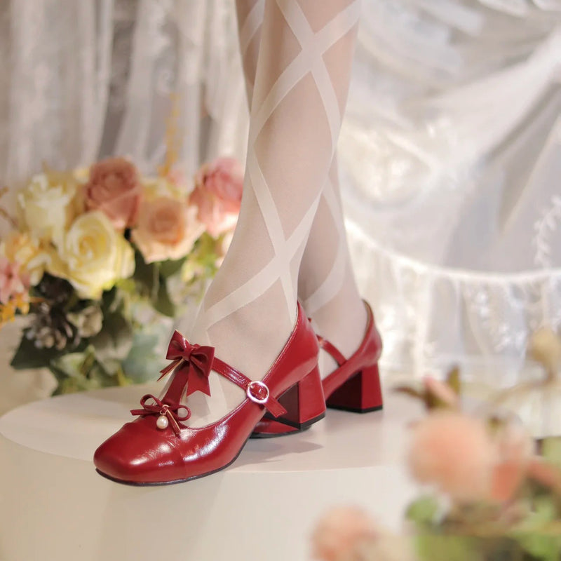 Crimson Lady's Ribbon Square Toe Heel Pumps [Planned to be shipped in early June 2023]