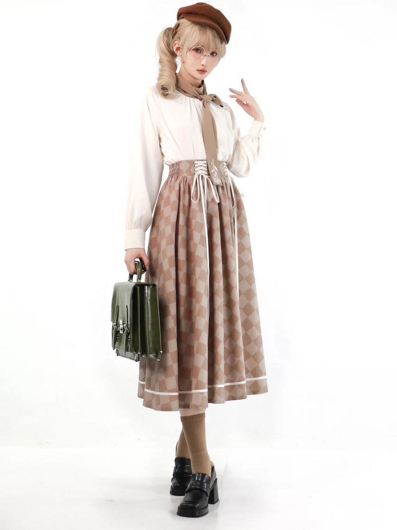 White brown geometric pattern high waist skirt and short jacket and blouse