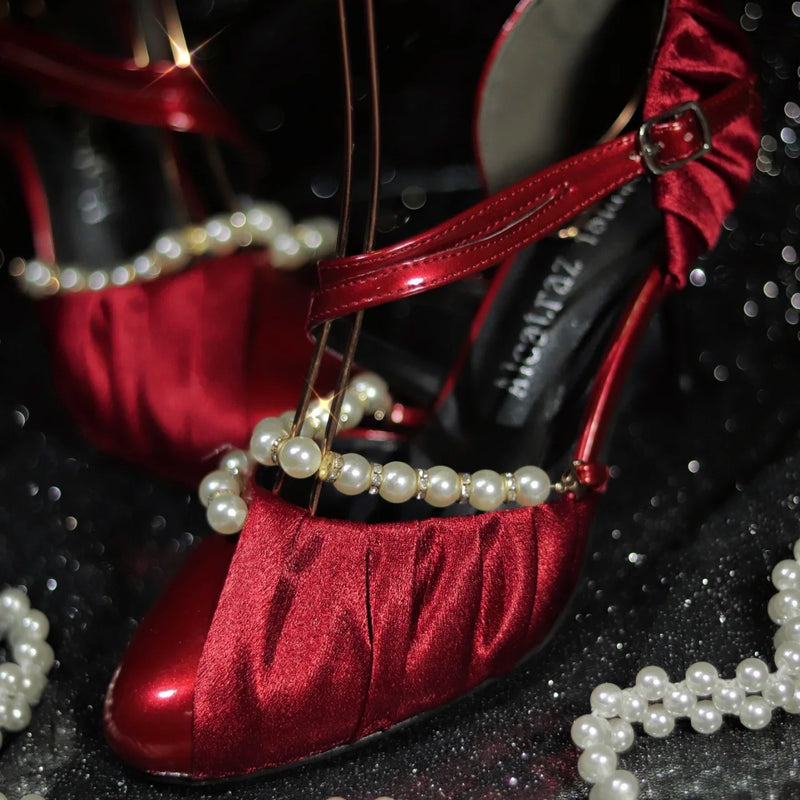 Crimson Lady's Pearl Round Toe Heel Pumps [Planned to be shipped from late May to early June 2023]