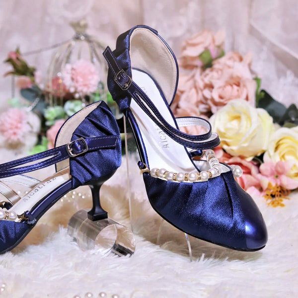 Navy blue lady's pearl round toe heel pumps [Planned to be shipped late May - early June 2023]