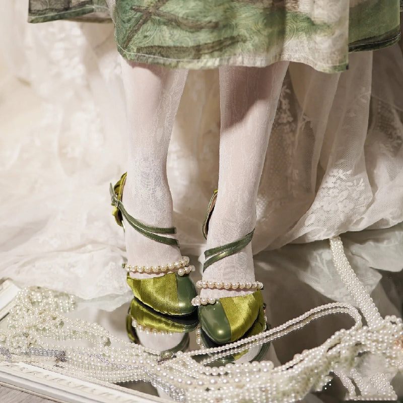 Pearl round toe heel pumps for a pale green lady [Planned to be shipped late May - early June 2023]
