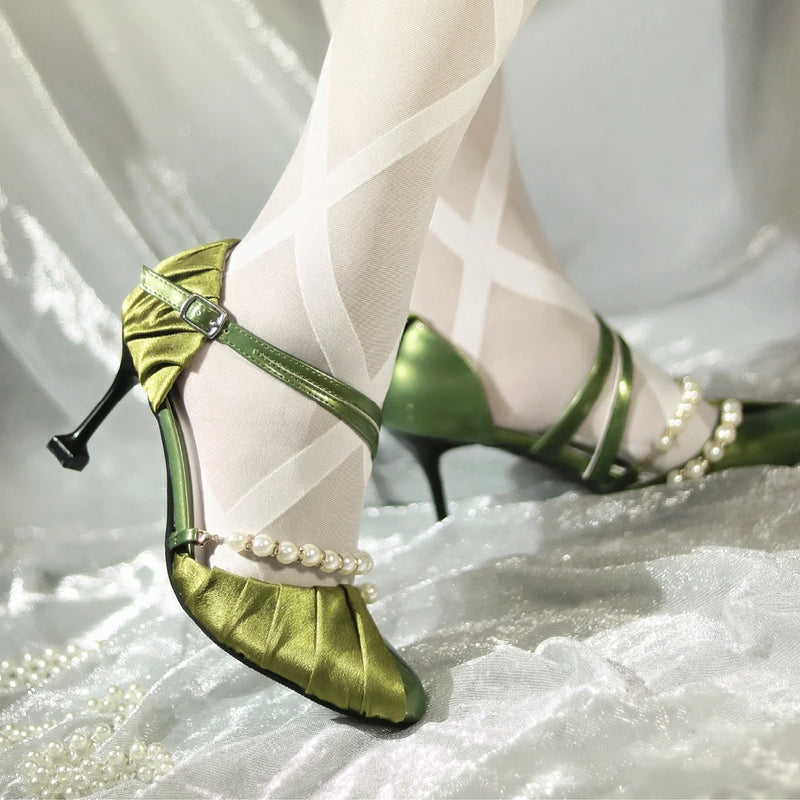 Pearl round toe heel pumps for a pale green lady [Planned to be shipped late May - early June 2023]