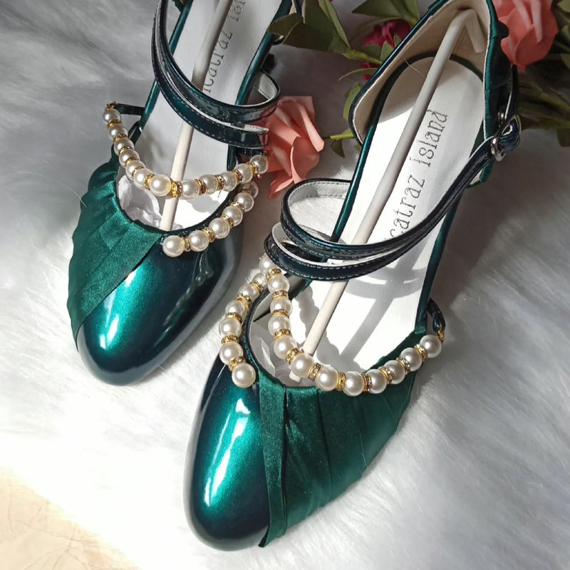Peacock green lady's pearl round toe heel pumps [scheduled to be shipped from late May to early June 2023]