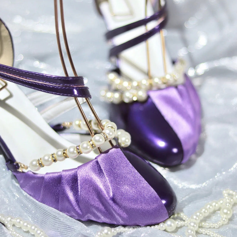 Purple violet lady's pearl round toe heel pumps [scheduled to be shipped from late May to early June 2023]