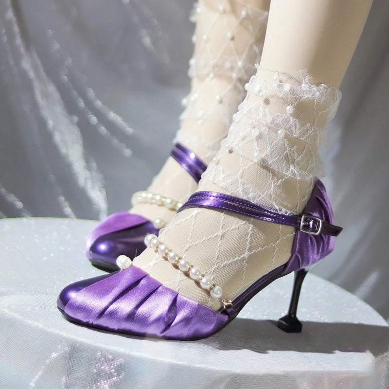 Purple violet lady's pearl round toe heel pumps [scheduled to be shipped from late May to early June 2023]