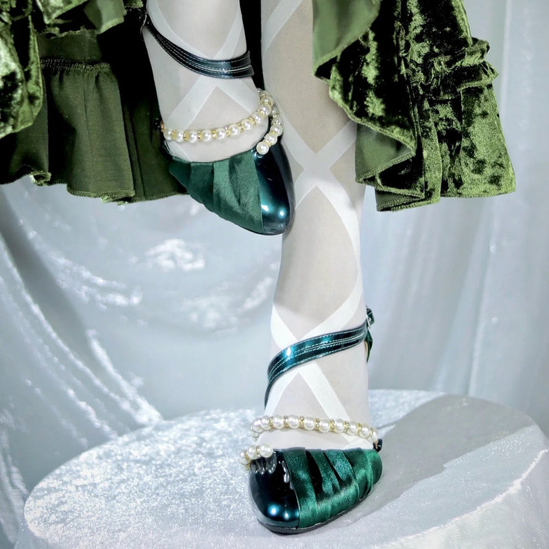 Peacock green lady's pearl round toe heel pumps [scheduled to be shipped from late May to early June 2023]