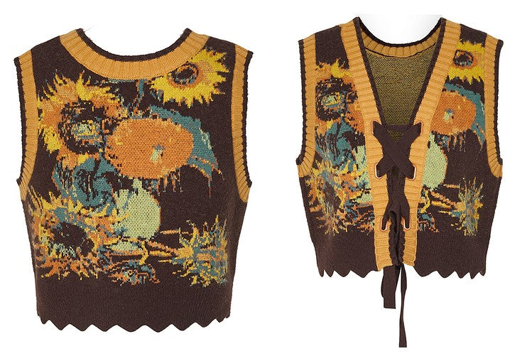 Knit vest with sunflowers and irises in a vase