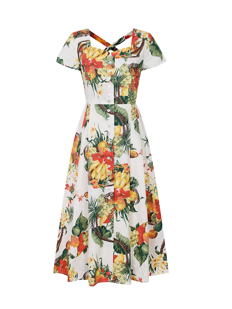 Wisteria yellow and red orange flower pattern vintage dress
