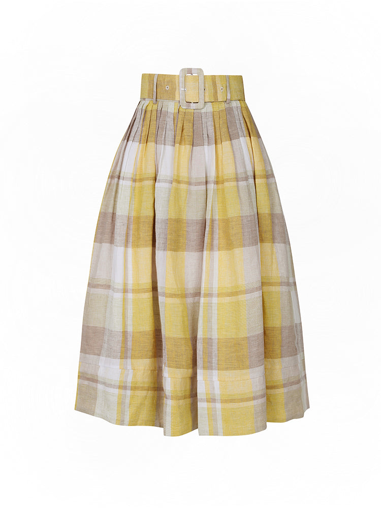 Pale yellow plaid retro umbrella skirt