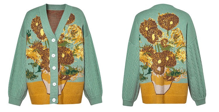 Van Gogh self-portrait and vase sunflower sweater cardigan