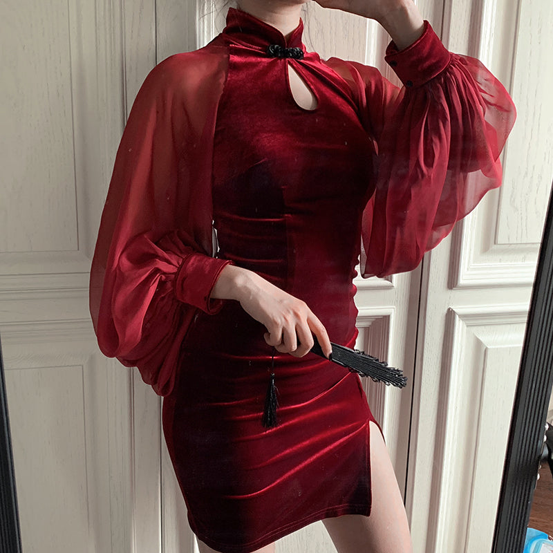 China dress red with see-through sleeves