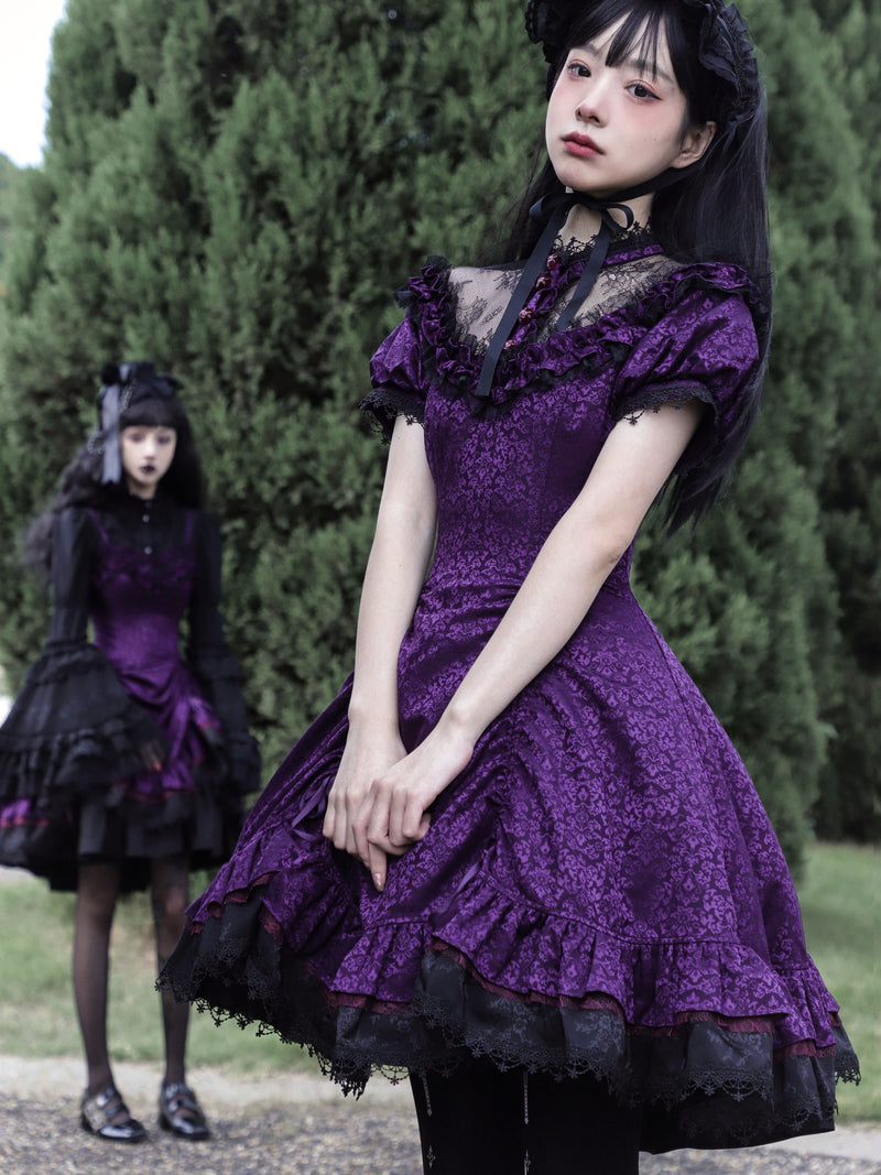 本紫の花群集の編み上げジャンパースカートとワンピース[2023年6月下旬-7月下旬発送予定]