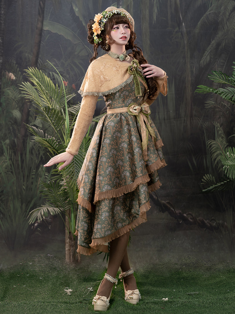 Gray green flower pattern asymmetrical jumper skirt and shawl [Planned to be shipped late May - early June 2023]