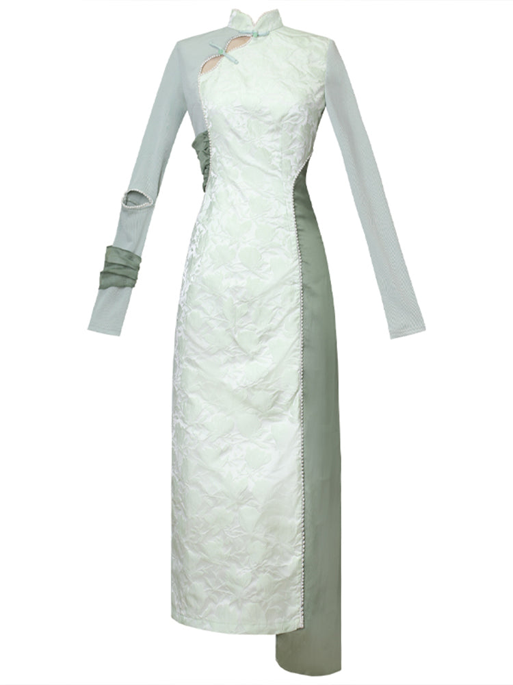 A cheongsam dress and a cheongsam vest with scattered petioles on a white-green ground