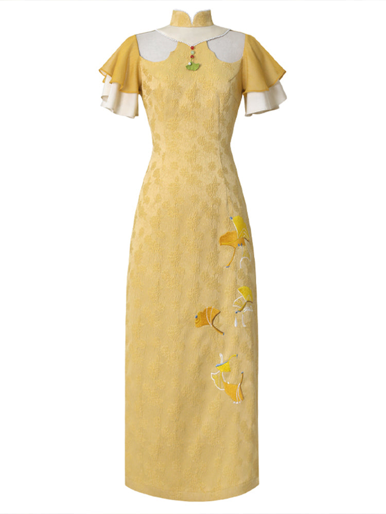 Wisteria gingko embroidered cheongsam dress