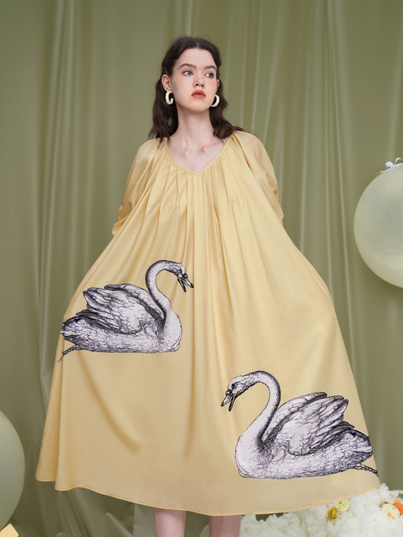 Pale yellow swan pattern dress ManusMachina