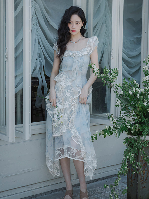 Ink painting flower pattern top and embroidered tulle skirt