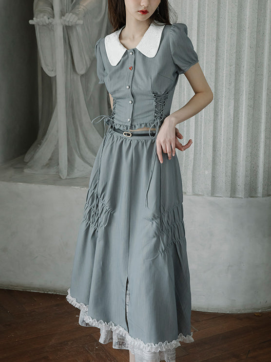 Gray blue lady's braided short top and long skirt