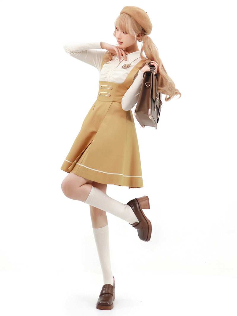 Mustard colored literary girl jumper skirt and blouse