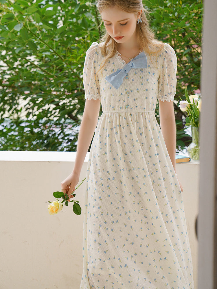 Forget-me-not floral ribbon French dress 
