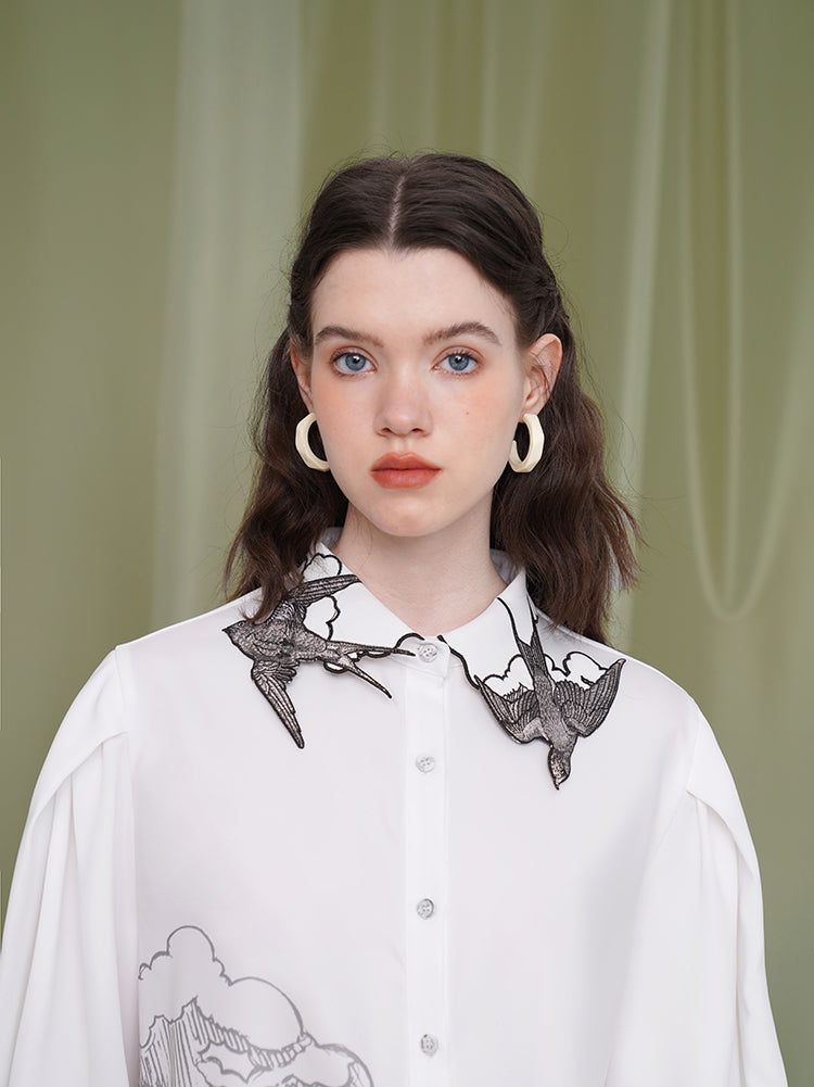 Empty Swallow Pencil Drawing Embroidered Blouse