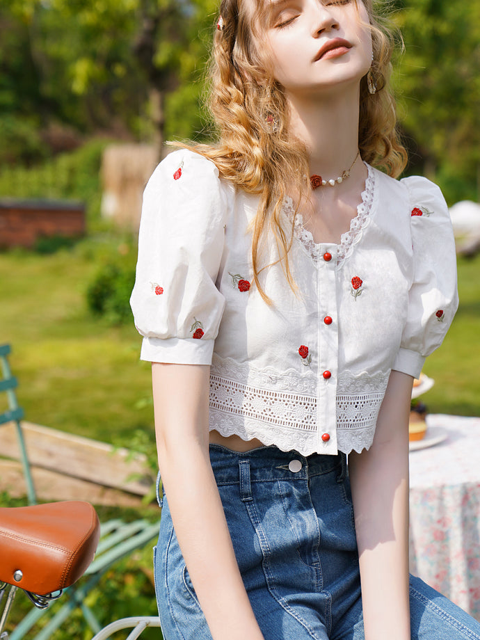 Rose flower embroidery short blouse 