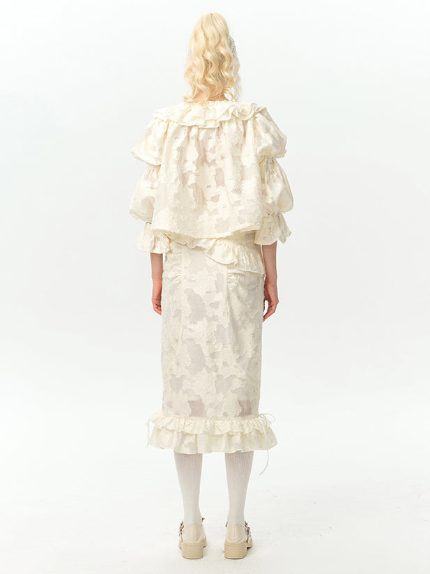 Pure lady's floral print jacquard top and skirt