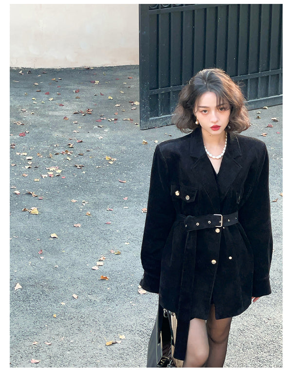 Jet black wet feather color corduroy double breasted jacket