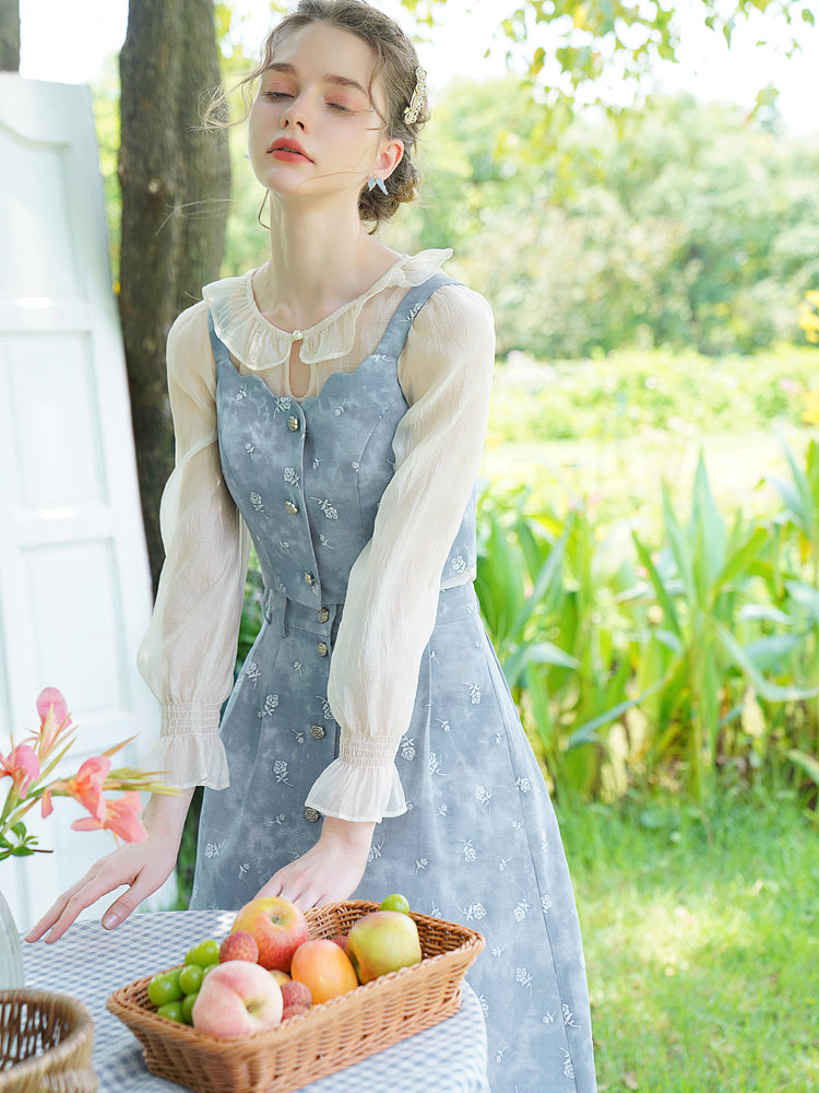 Light blue rose embroidery denim bustier and denim flared skirt and chiffon blouse