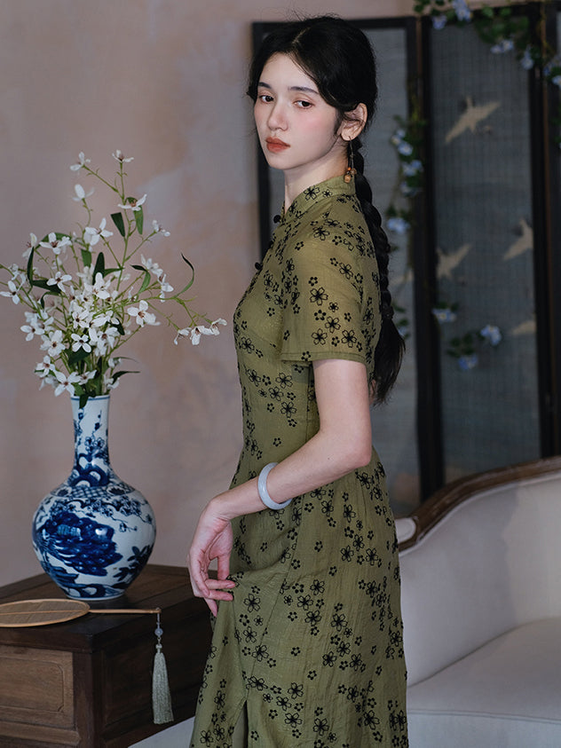 Blue-brown floral pattern retro cheongsam dress