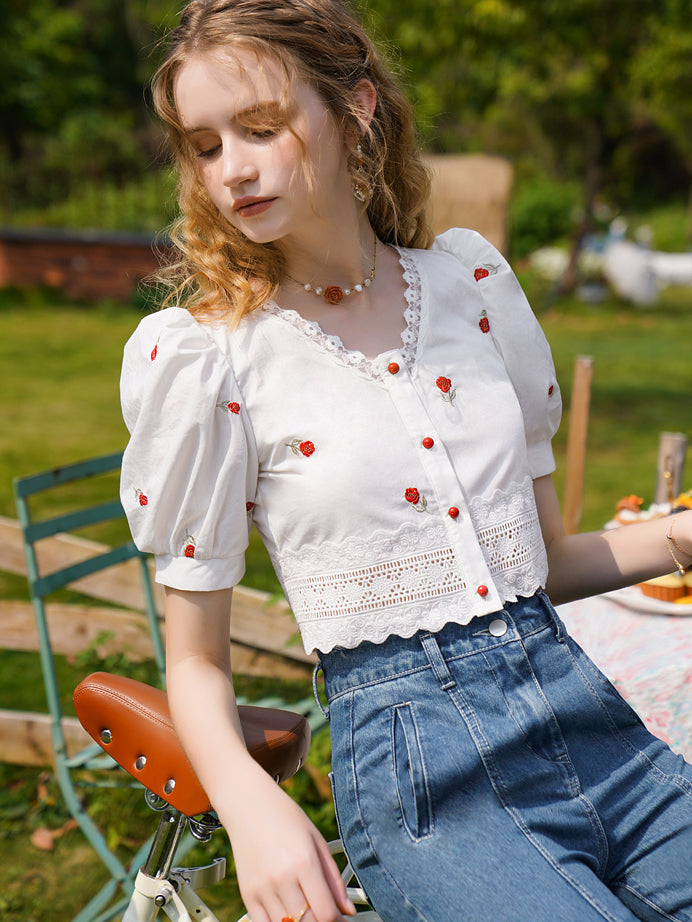 Rose flower embroidery short blouse 