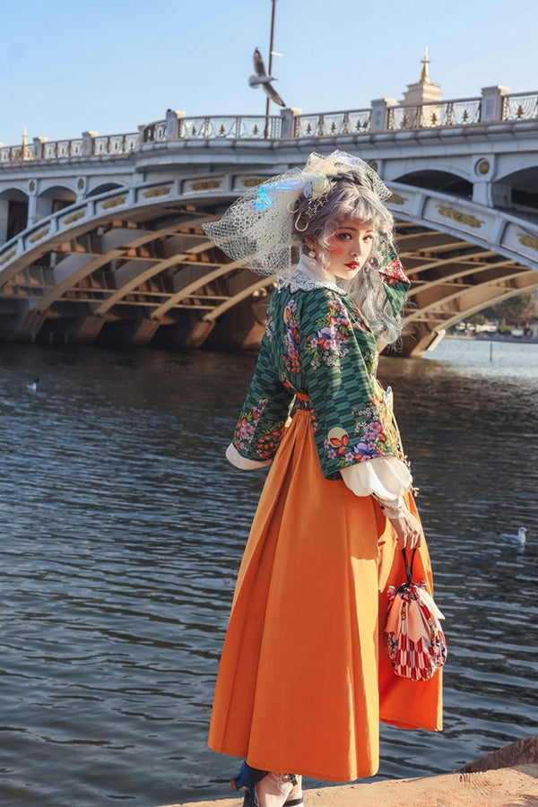 Taisho Romantic Flower and Bird Pattern High Waist Skirt