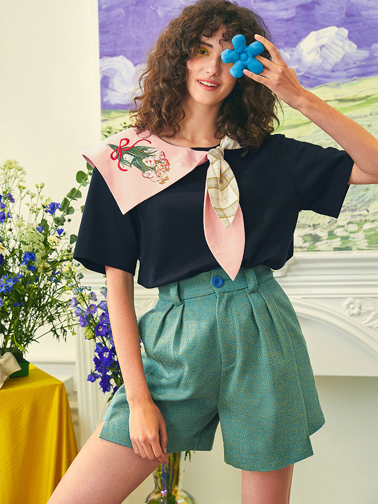 Bouquet and Still Life Embroidered Asymmetric T-shirt