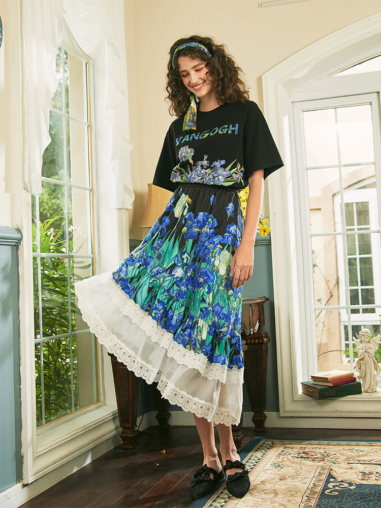 Still life t-shirt with sunflowers and irises in a vase