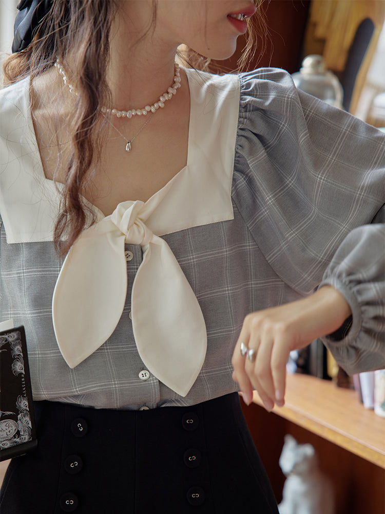 Light ink plaid retro blouse