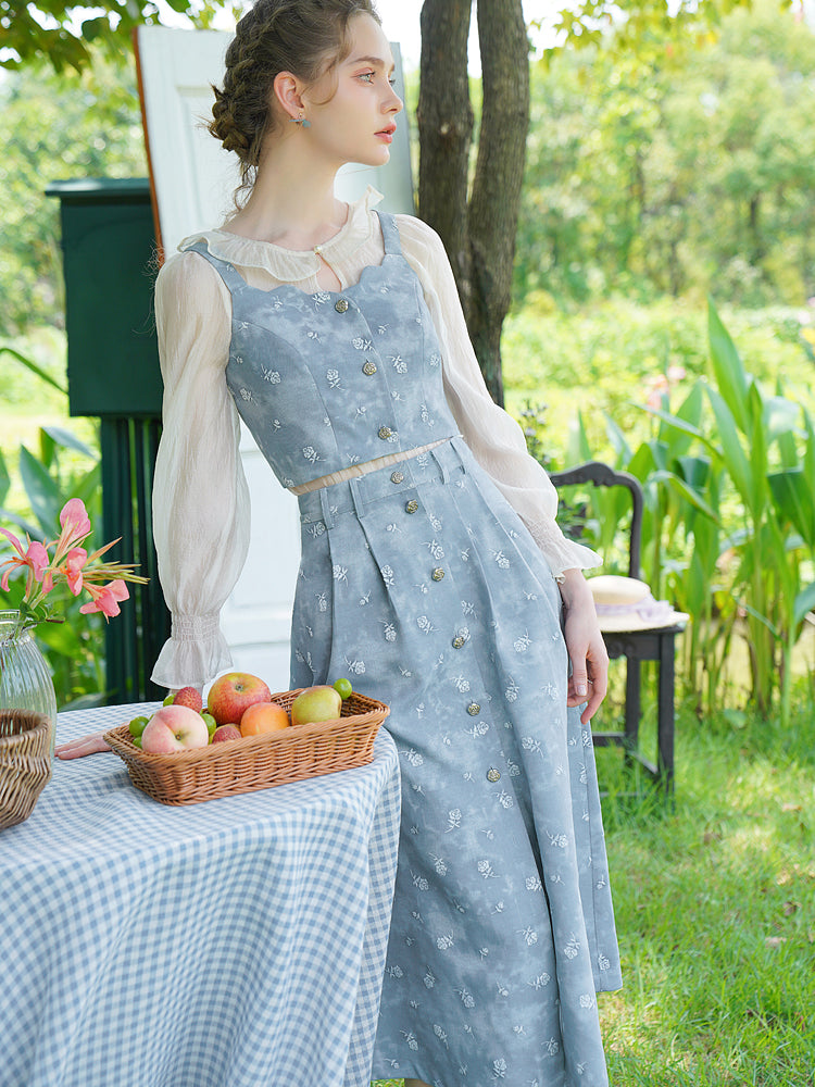 Light blue rose embroidery denim bustier and denim flared skirt and chiffon blouse