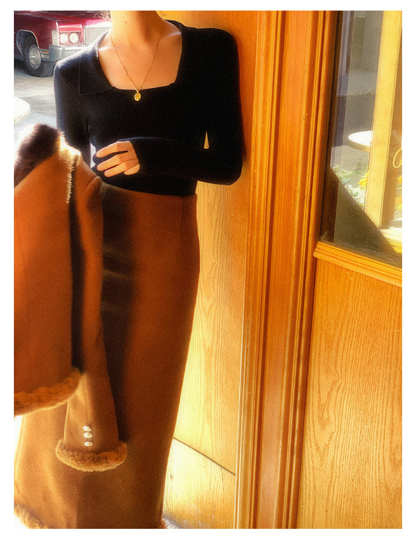 Square neck slim knit for young ladies